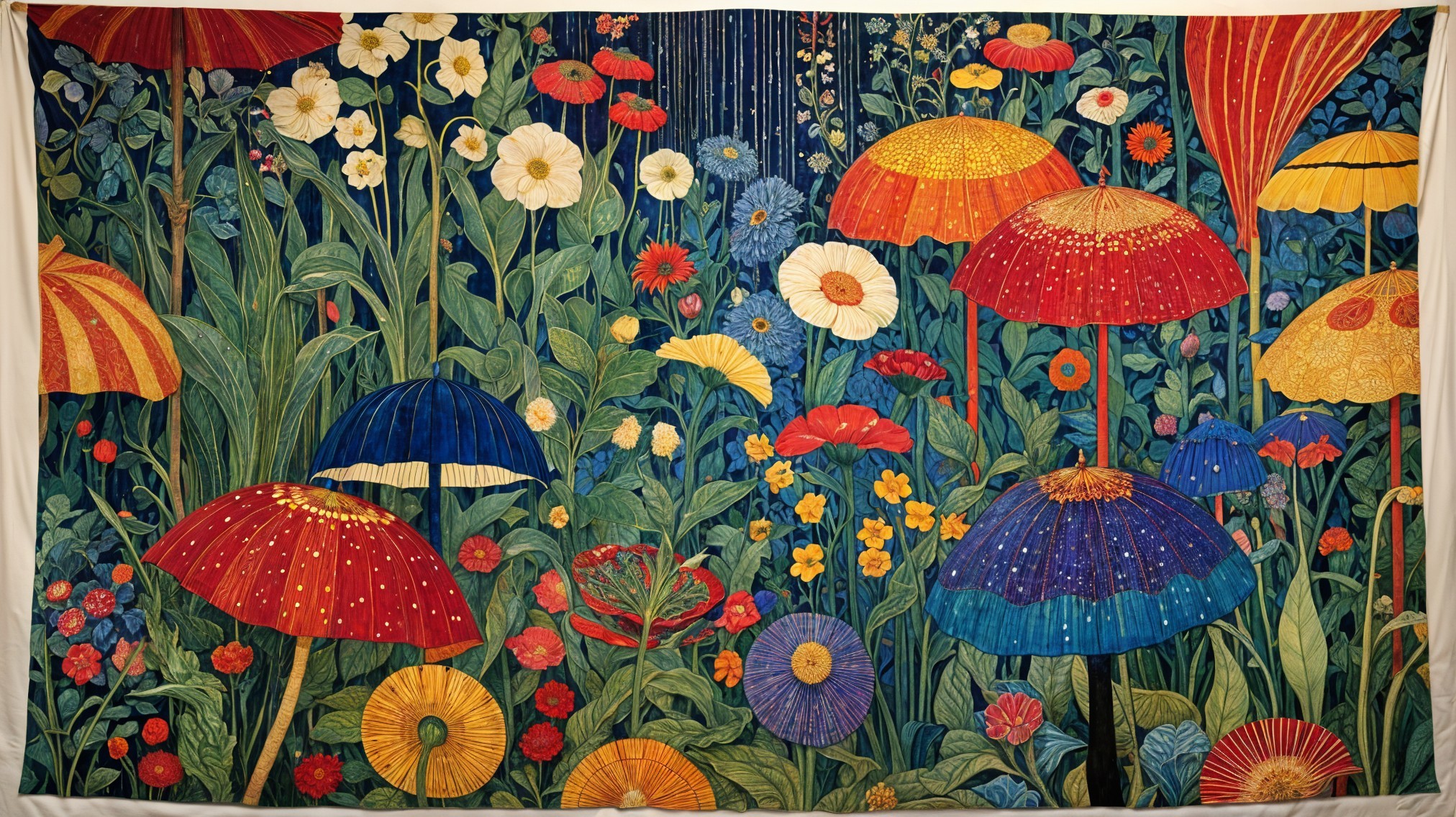 Whimsical Garden Tapestry with Colorful Mushrooms