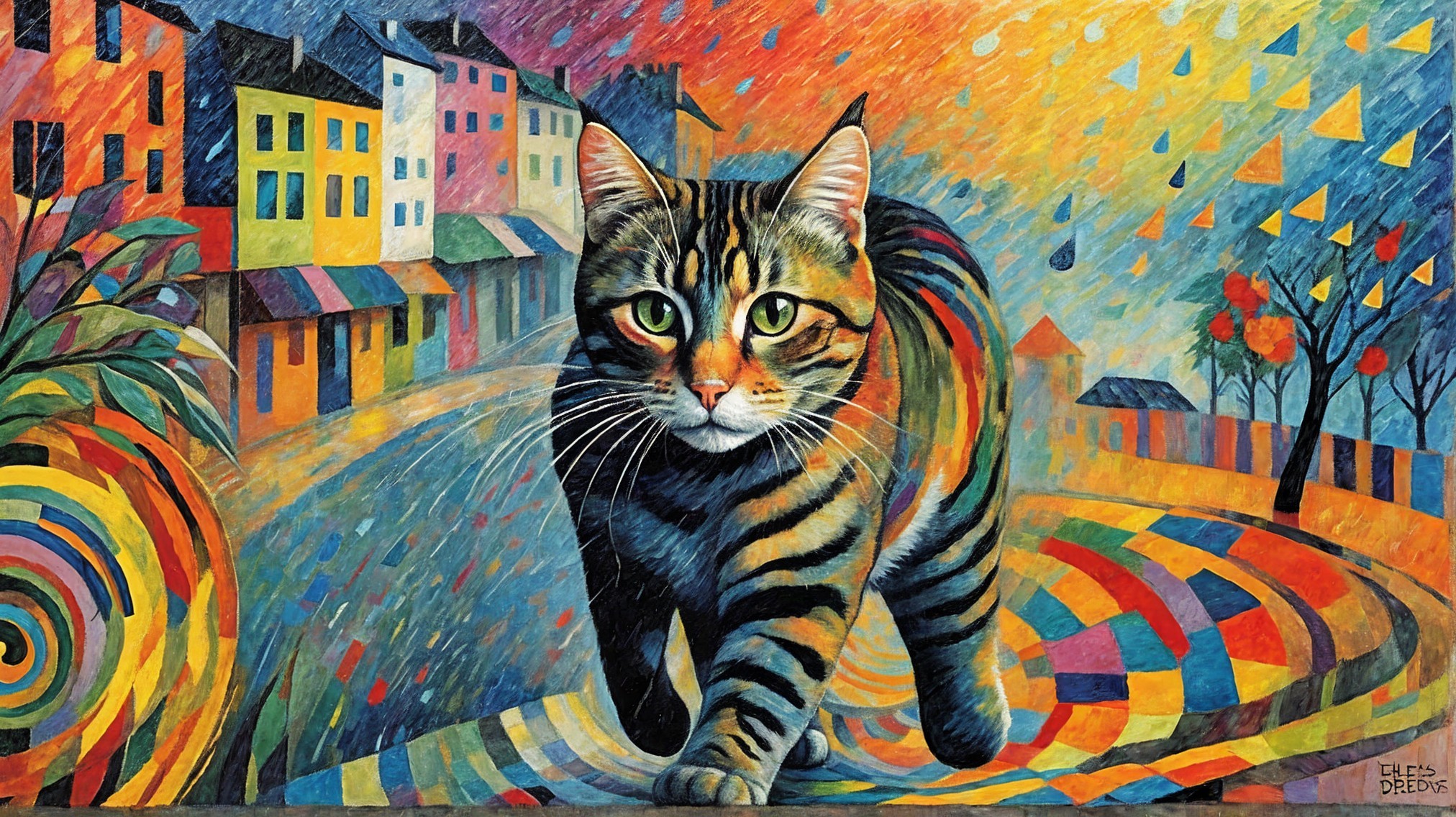 Colorful Painting of Bold Striped Cat in Whimsical Setting