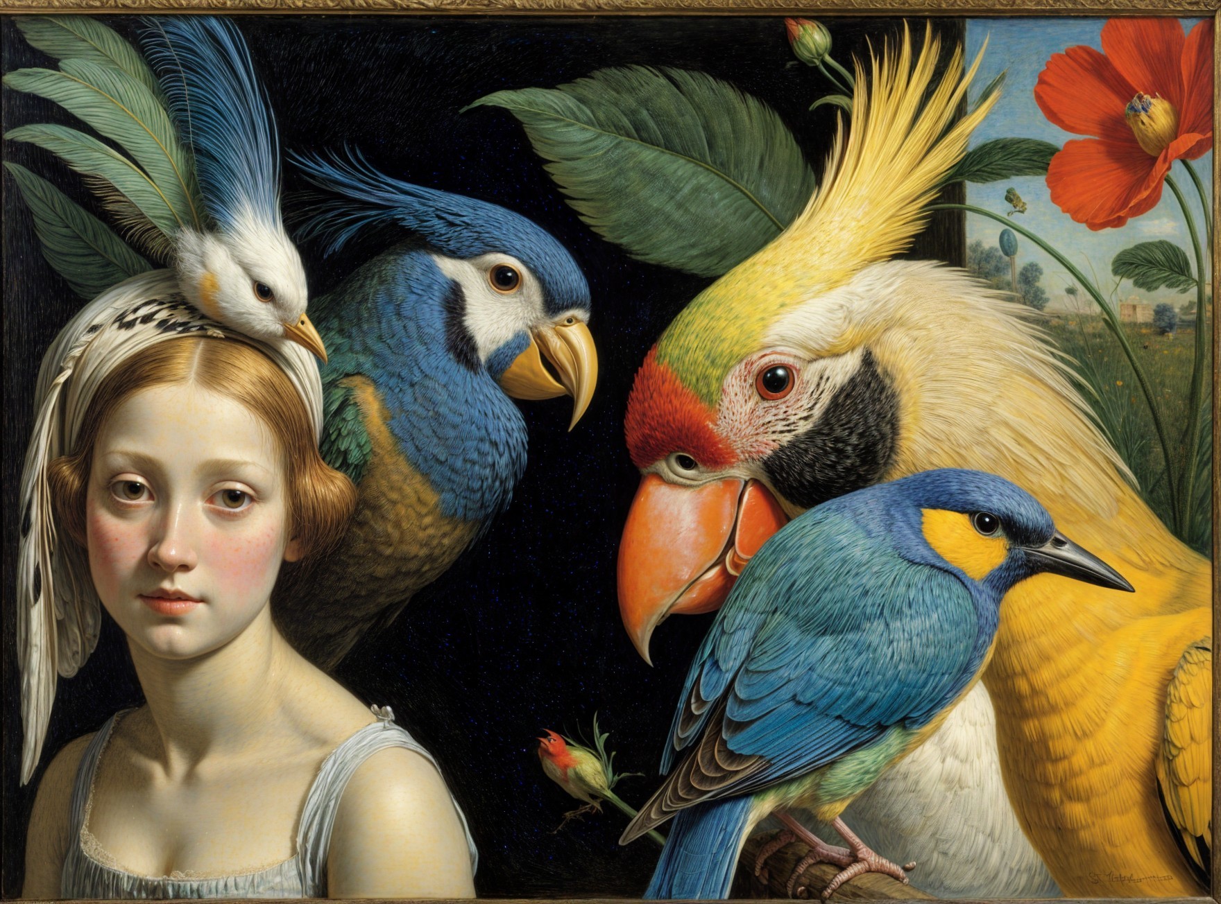 Young girl with birds in a vibrant nature scene