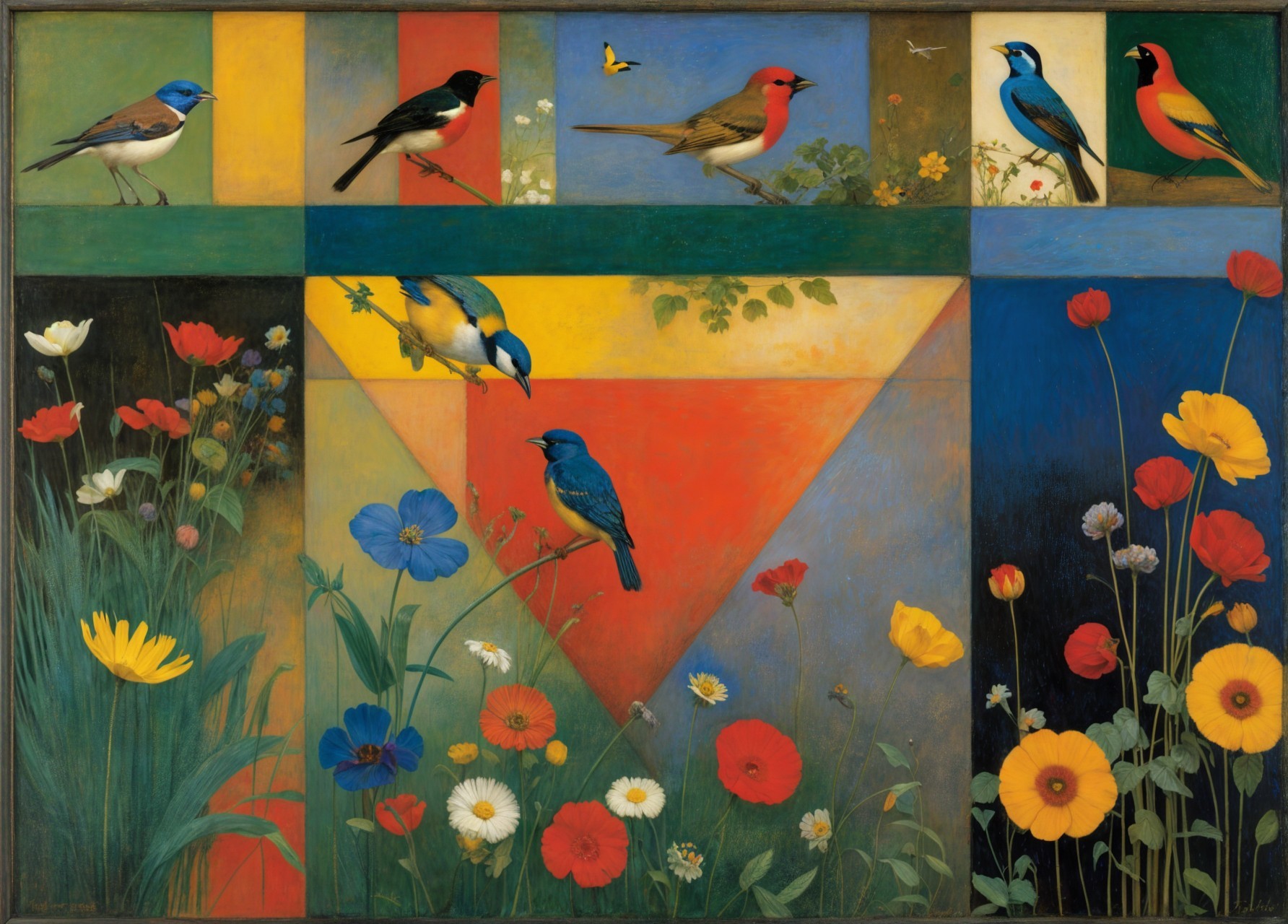 Vibrant Mosaic of Birds and Flowers in Abstract Design