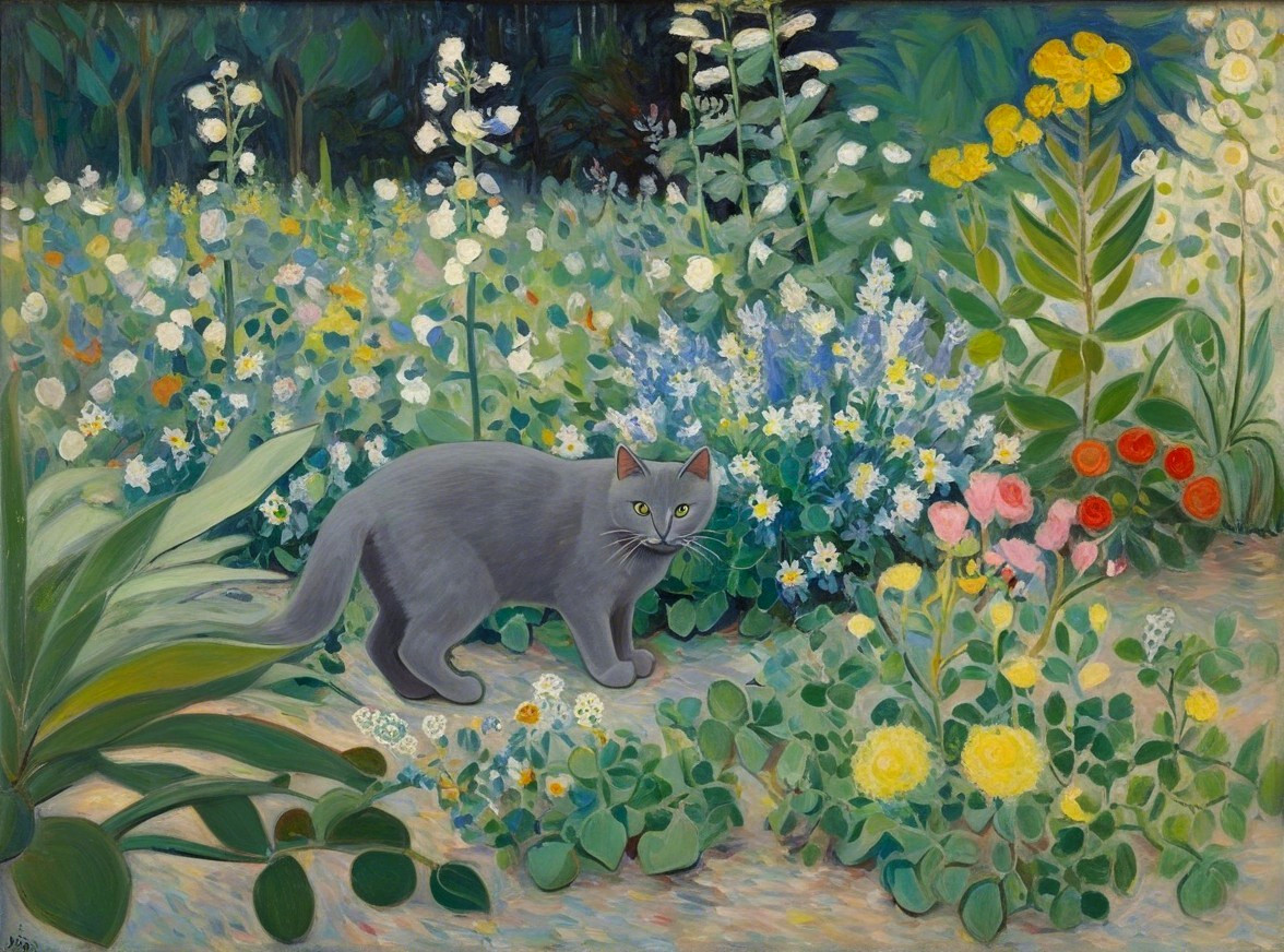 Vibrant Garden Scene with Flowers and a Gray Cat
