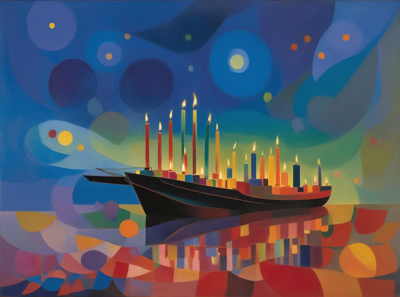 Whimsical Painting of a Candlelit Boat on Water