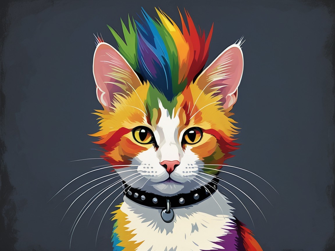 Colorful Cartoon Cat with Rainbow Mohawk Design