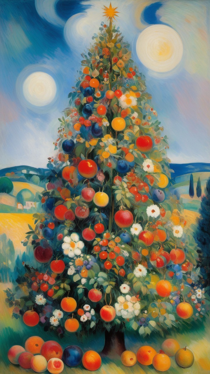 Vibrant Painting of a Fruit-Adorned Christmas Tree