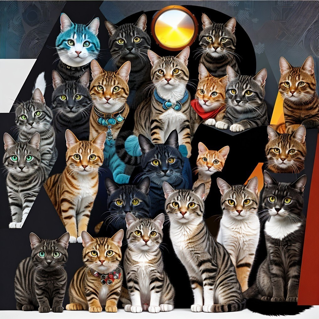 Diverse illustrated cats with fur patterns and accessories on stylized moonlit backdrop.