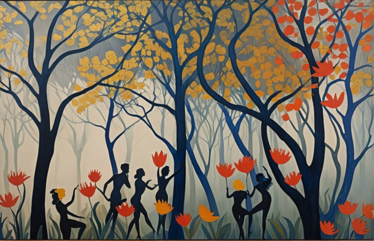 Stylized forest scene with vibrant trees and figures