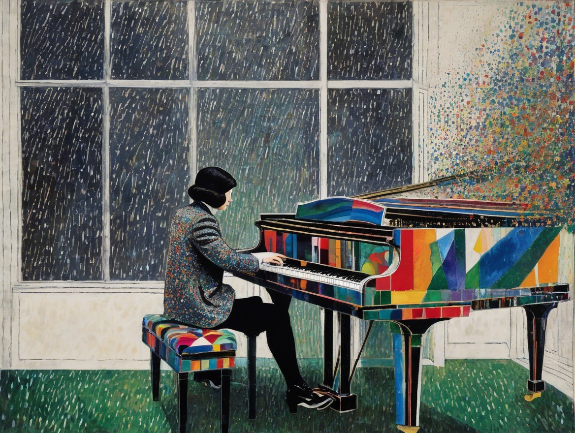 Woman Playing Colorful Grand Piano on Rainy Day