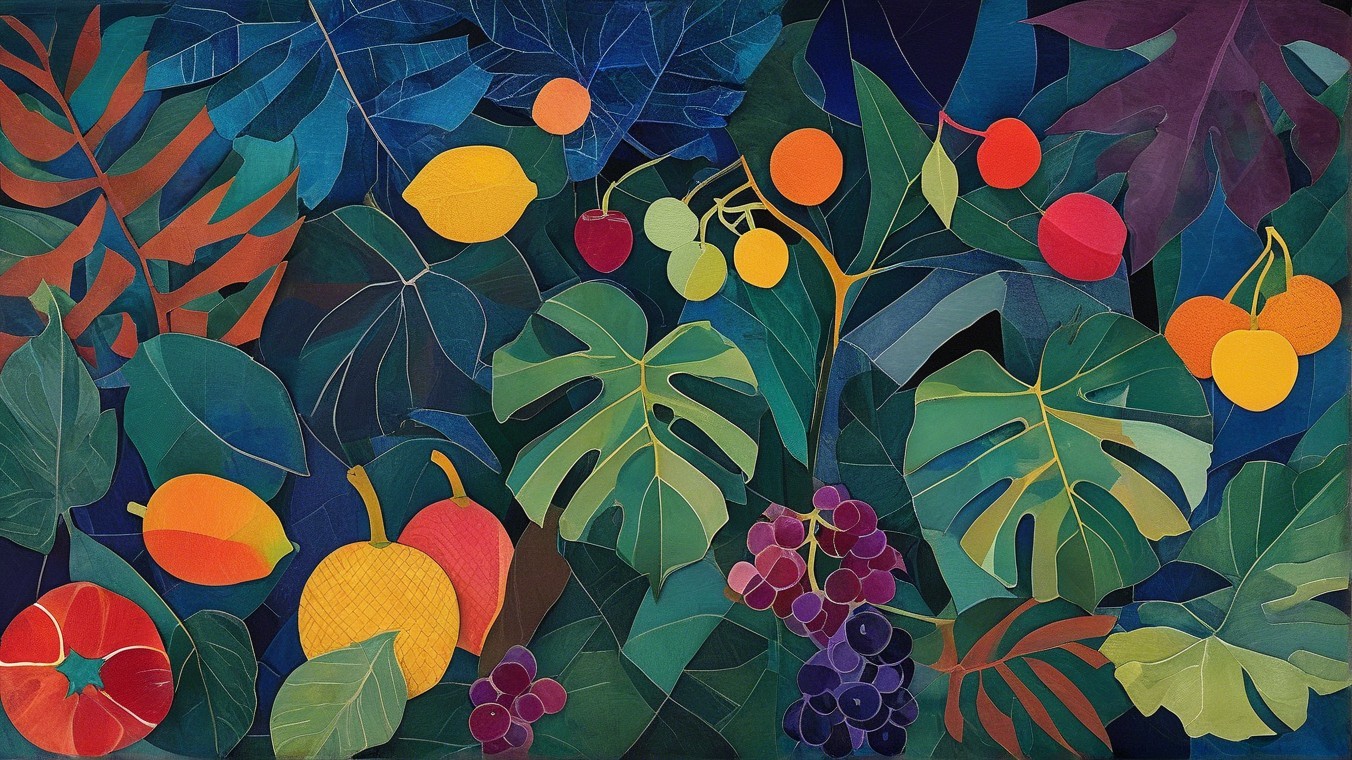 Vibrant Tropical Fruit and Leaf Arrangement Description