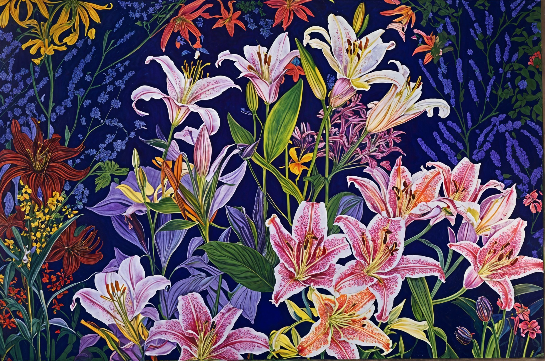 Vibrant Floral Arrangement with Lilies on Blue Background