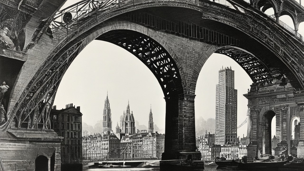 Black and White Illustration of an Ornate Bridge