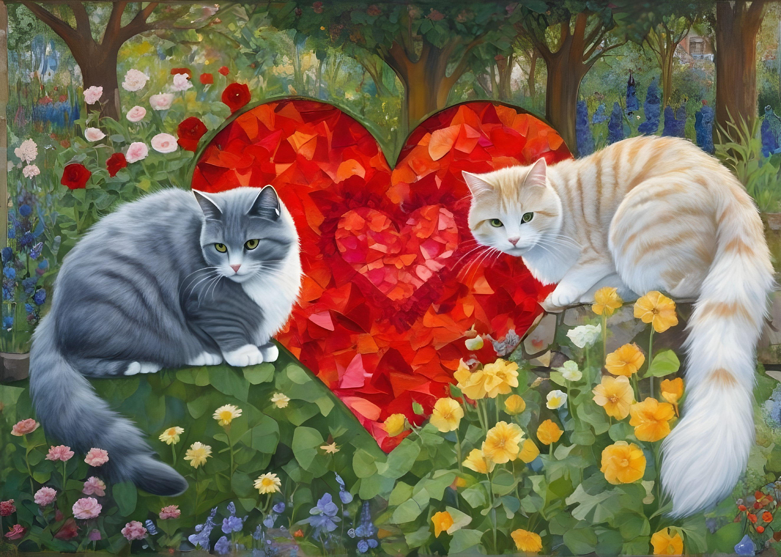 Gray and ginger cats in front of heart-shaped mosaic in floral garden