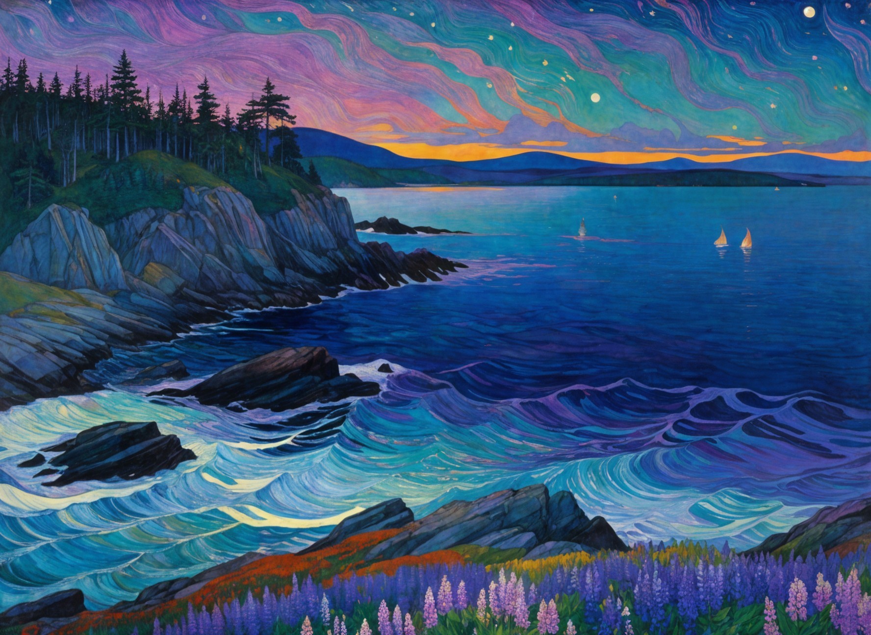Coastal Sunset with Waves and Lush Greenery