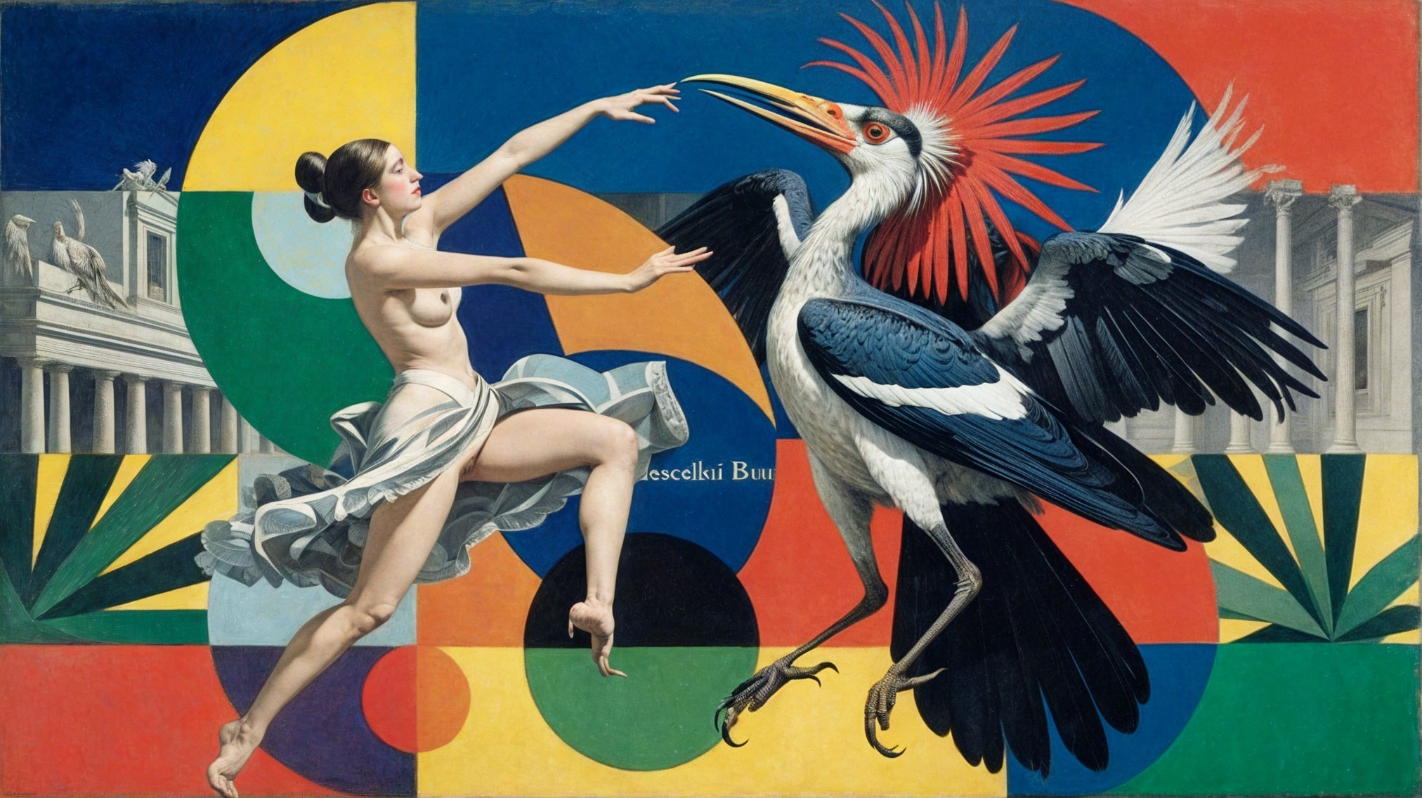 Dancer and Colorful Bird in Abstract Geometric Scene