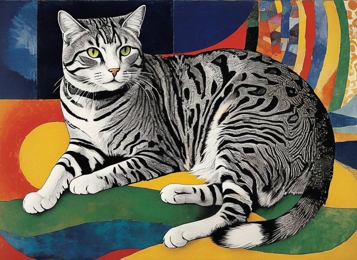 Stylized Cat Illustration with Green Eyes and Stripes