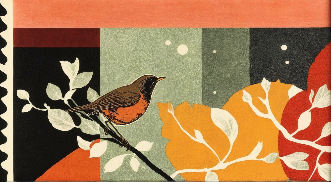 Stylized Bird on Branch with Abstract Colorful Background