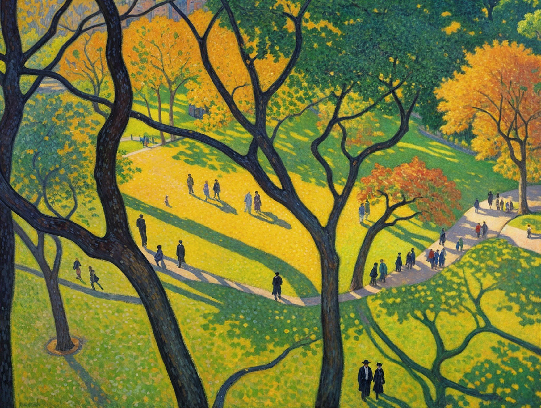 Autumn Park Scene with Golden Foliage and Sunlight