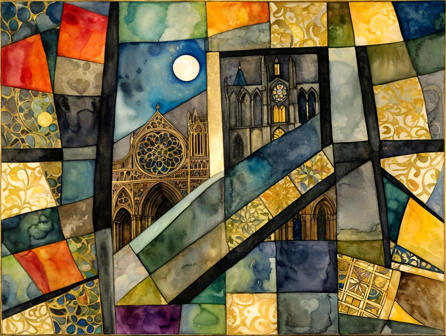 Vibrant Stained Glass Artwork of Cathedral Scene