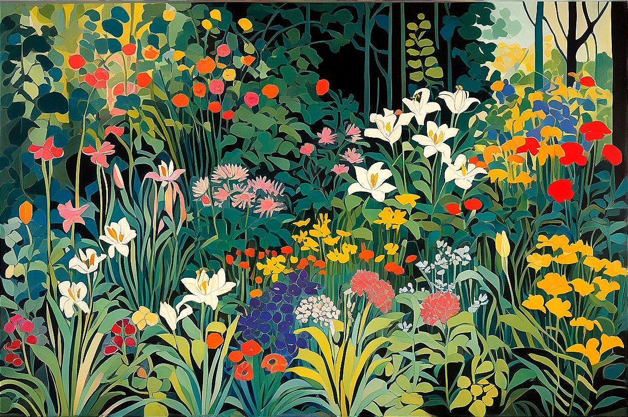 Vibrant Garden Scene with Colorful Flowers and Greenery