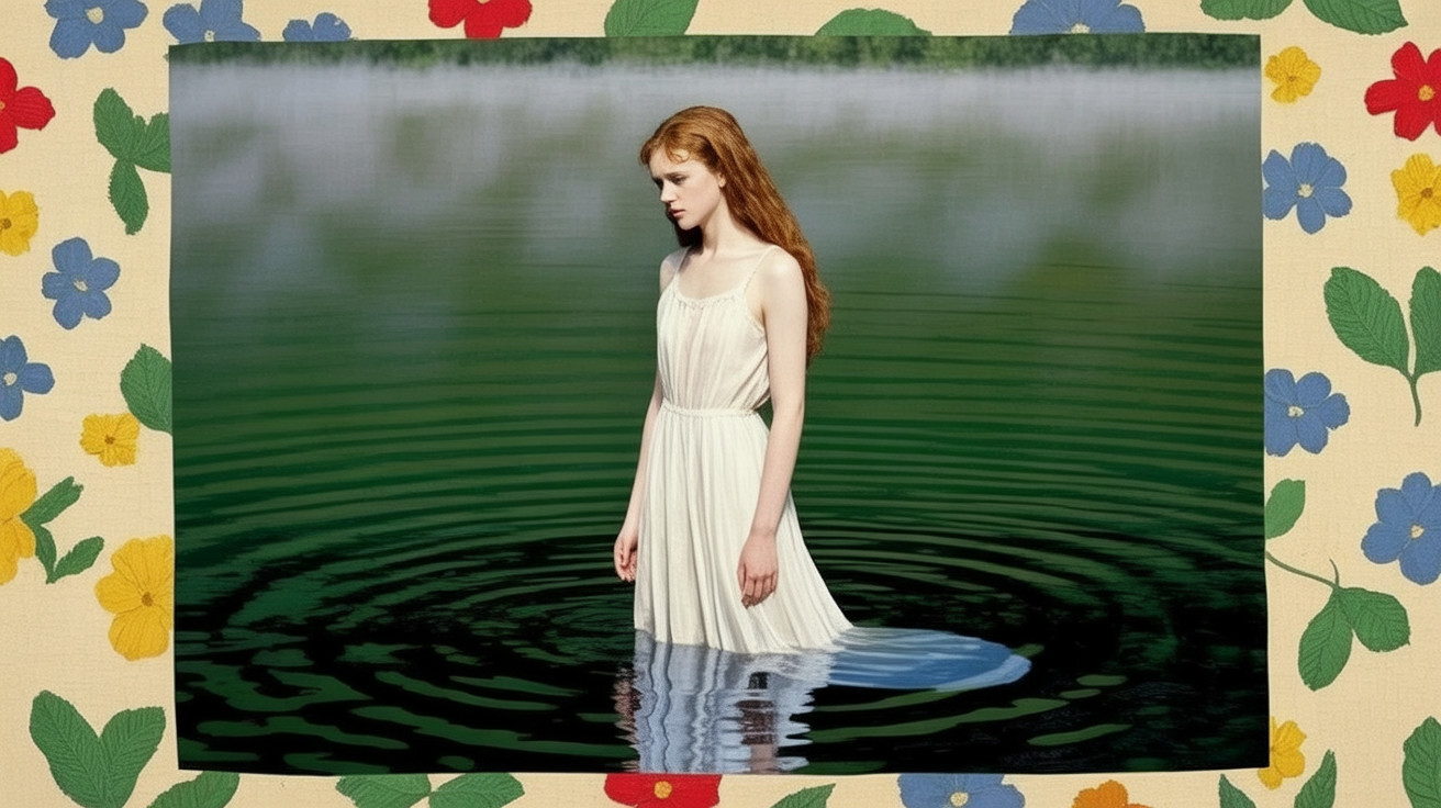 Young Woman in White Dress in Shallow Water Scene
