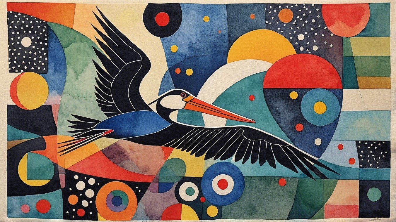 Vibrant Abstract Artwork with Bird and Geometric Shapes