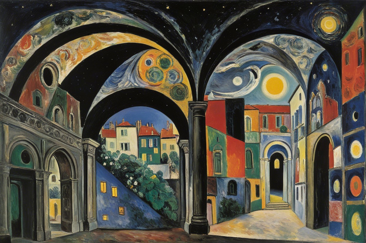 Abstract Cityscape with Starry Night Sky and Colors