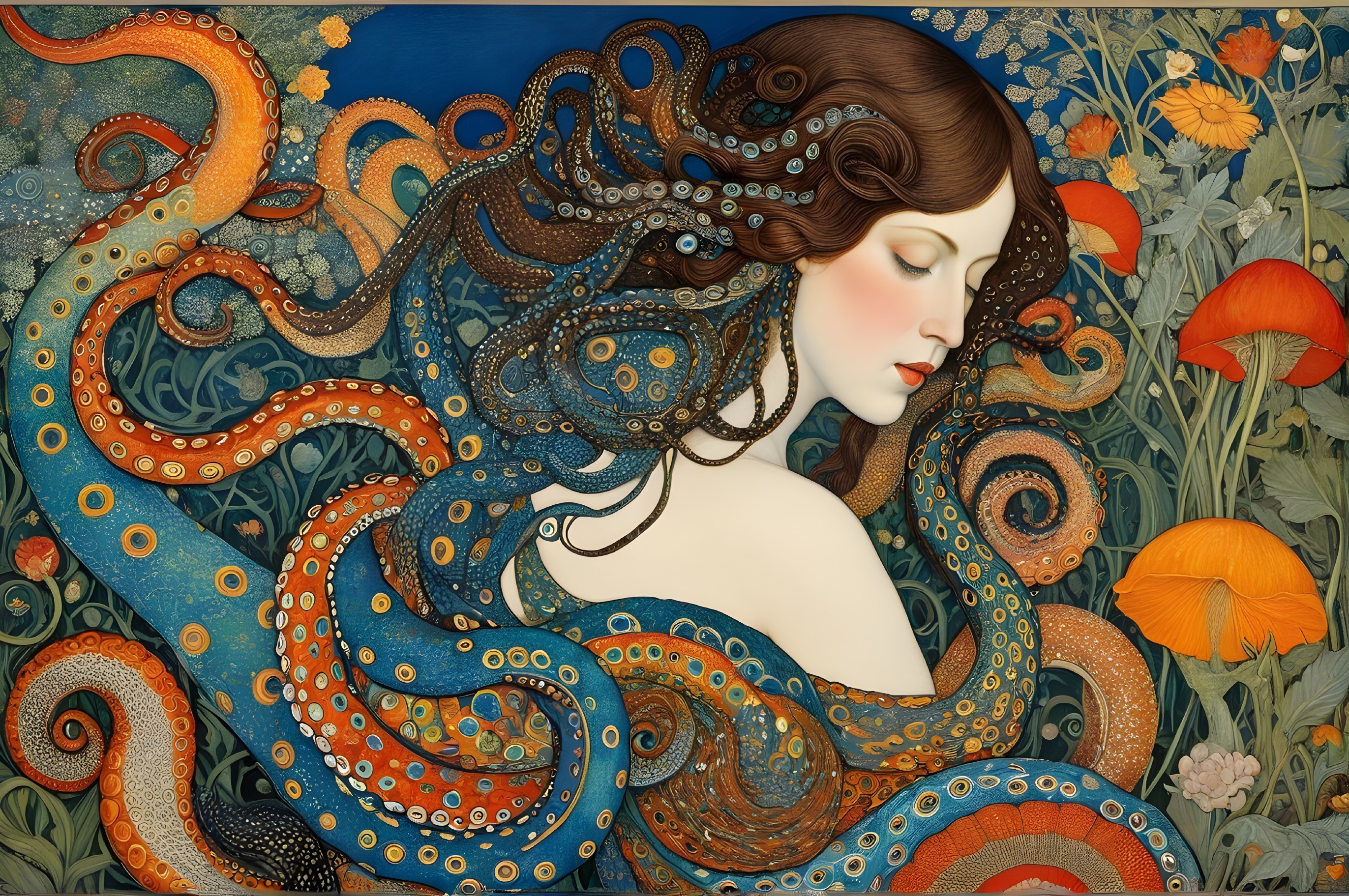 Serene Woman Surrounded by Vibrant Marine Life