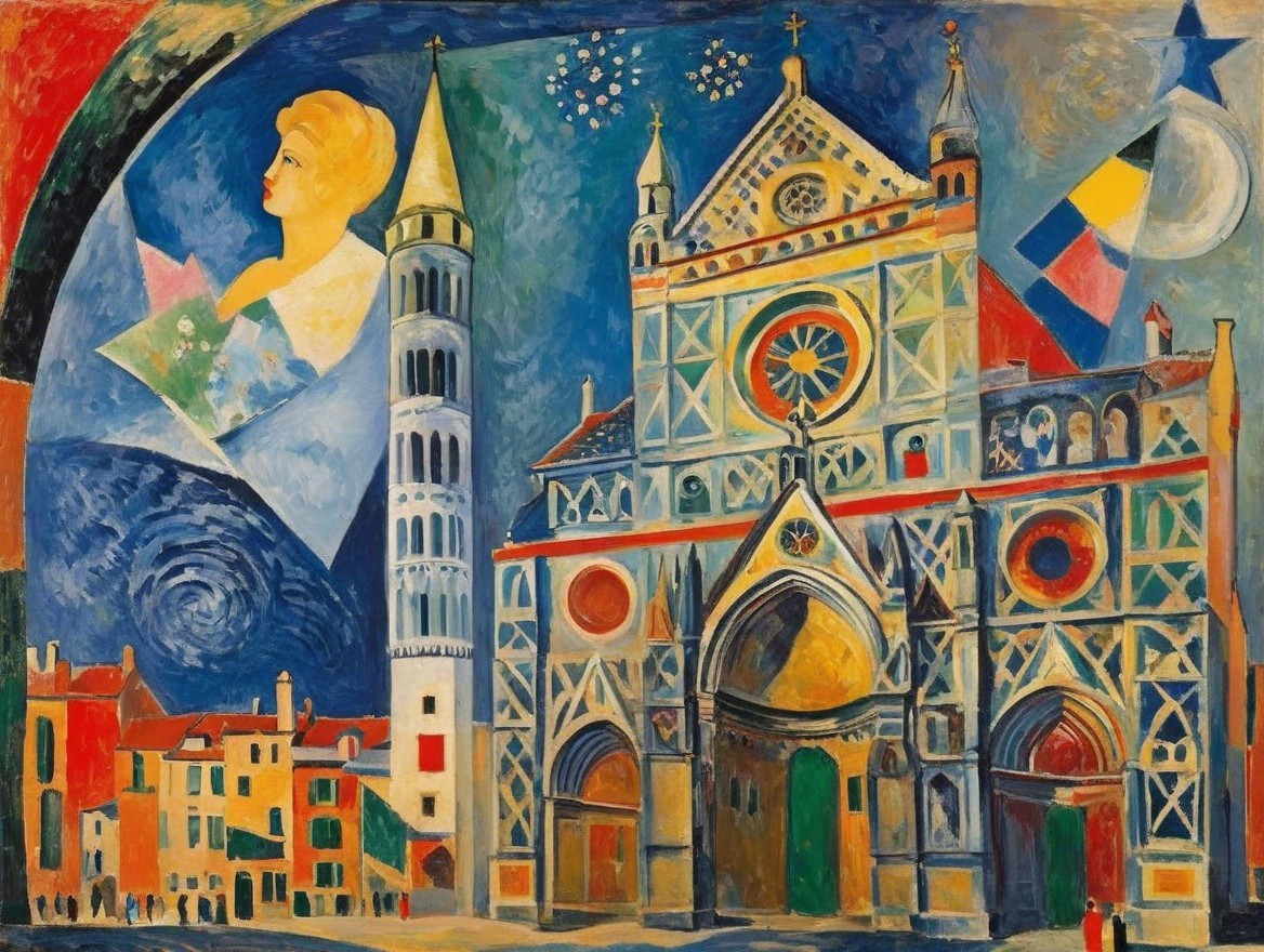 Vibrant Artwork of a Grand Cathedral with Abstract Elements