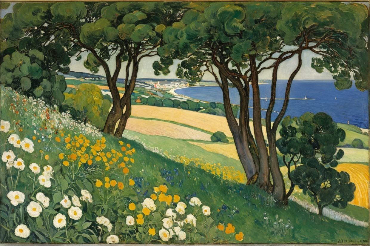 Vibrant Landscape with Green Hills and Wildflowers