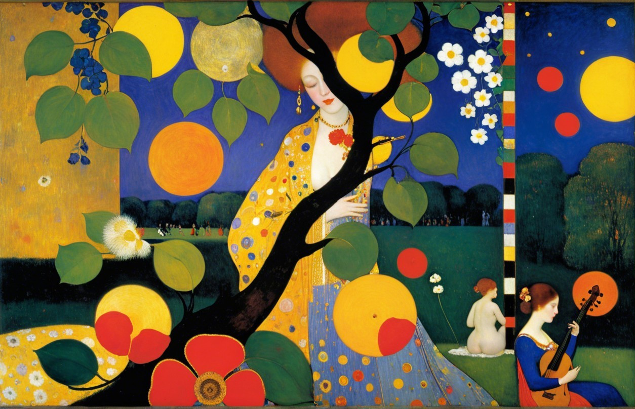 Vibrant Dreamlike Scene with Women and Nature Elements