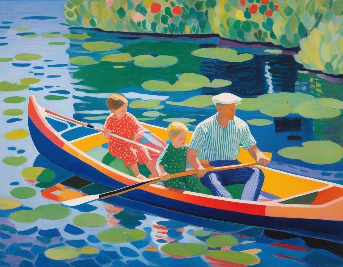 Colorful Painting of Family Rowing on a Serene Lake