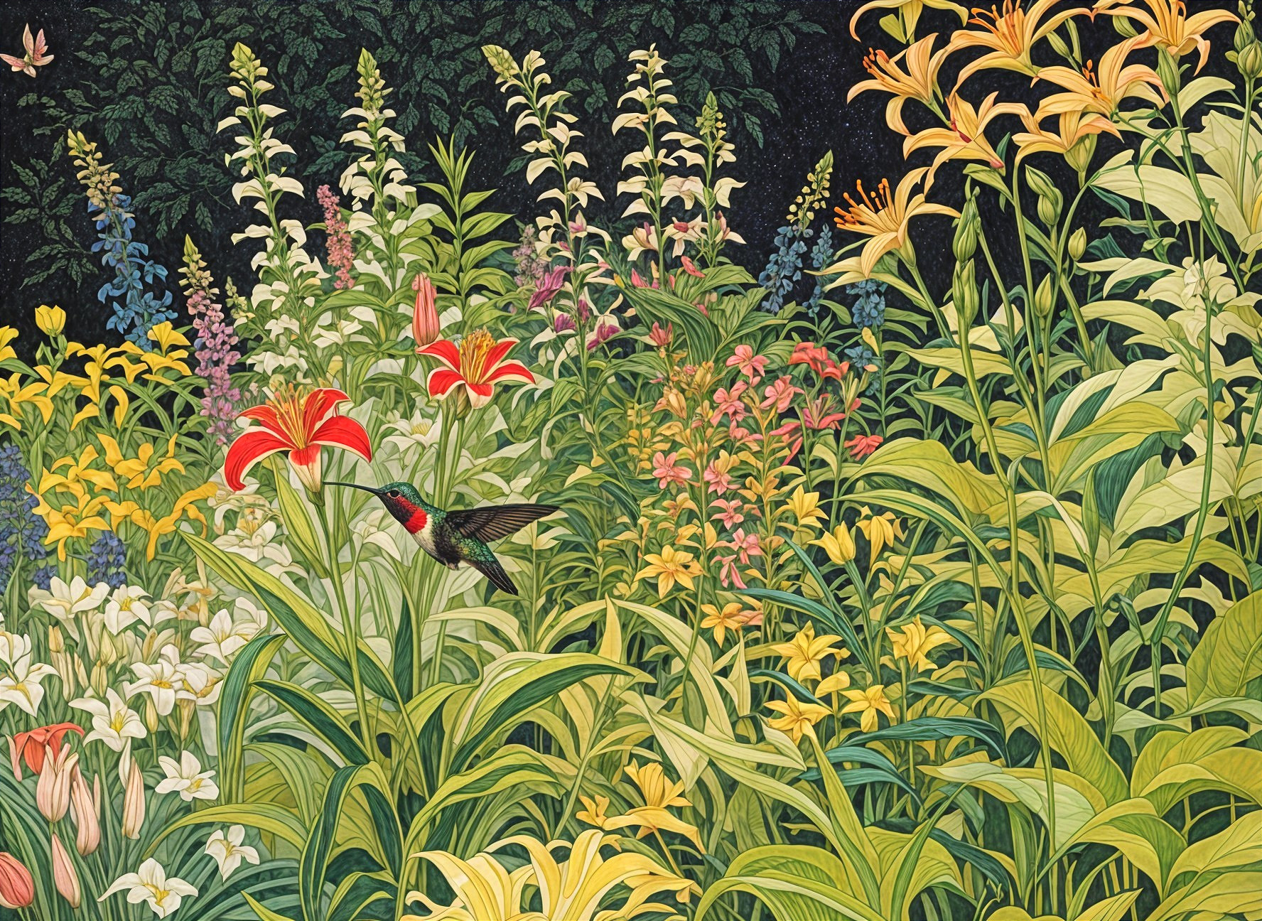 Vibrant Garden with Colorful Flowers and Hummingbird
