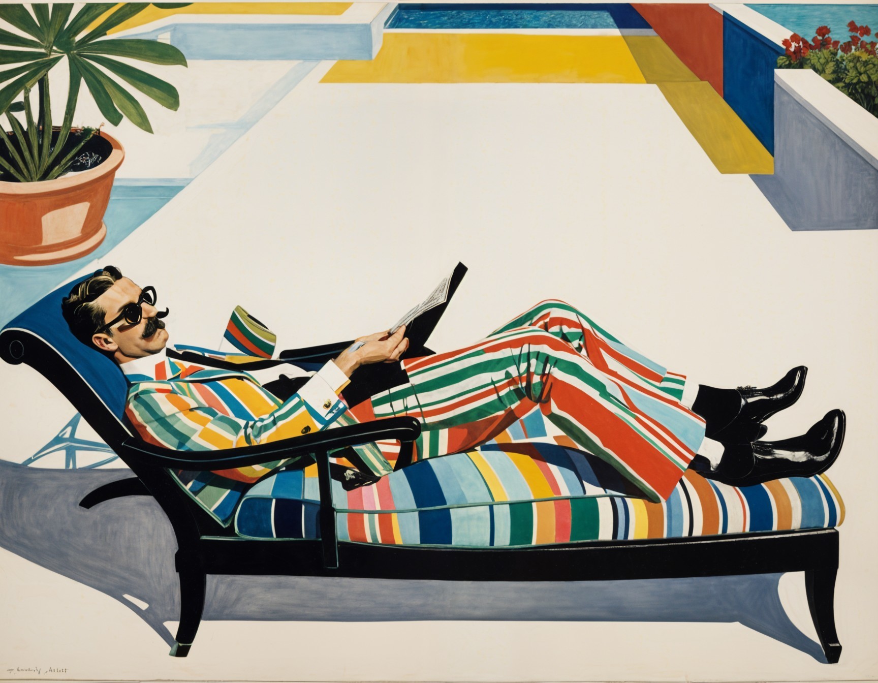 Stylish Man Relaxing on Chaise with Vibrant Backdrop