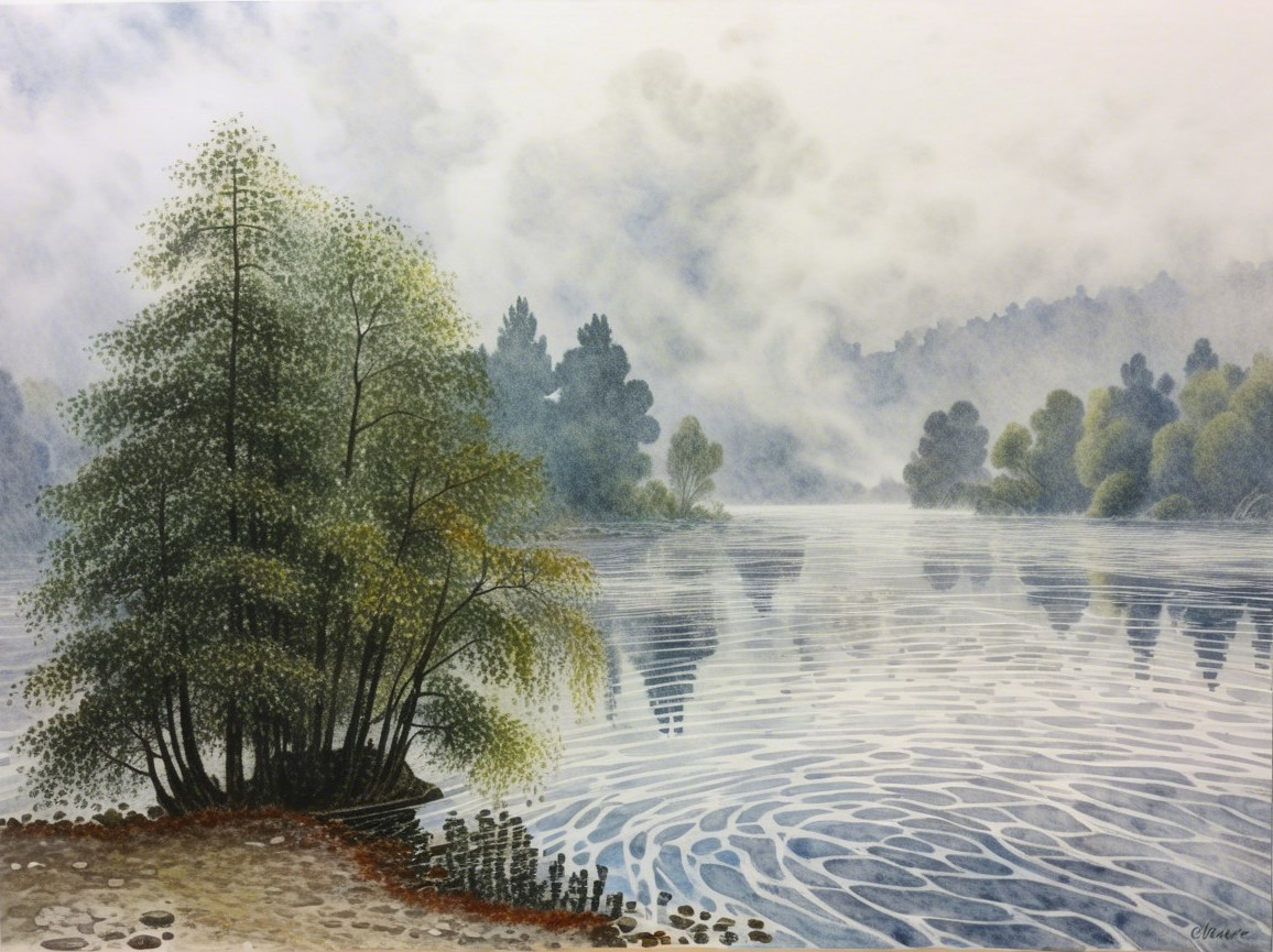 Tranquil River Landscape with Lush Trees and Mist