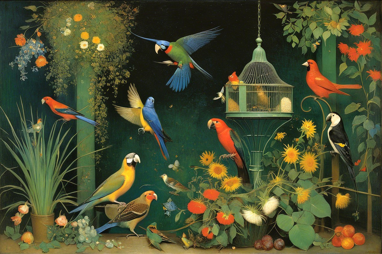 Vibrant Birds Amidst Lush Greenery and Flowers
