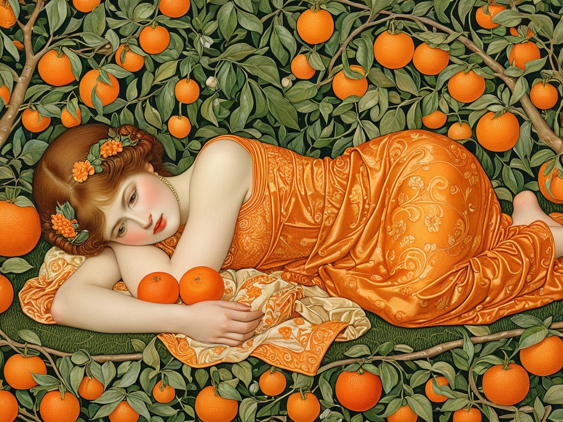 Woman in Orange Gown Surrounded by Greenery and Blossoms