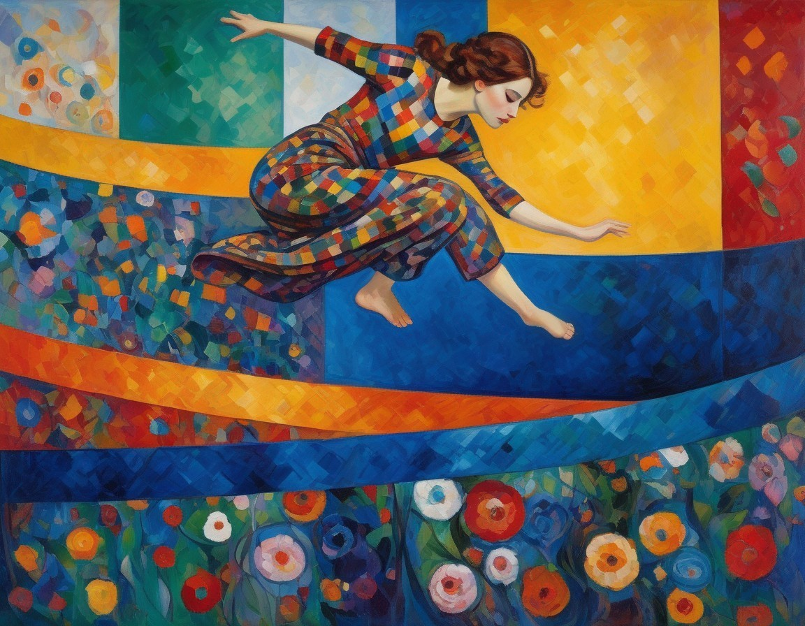 Graceful Woman Leaping in Colorful Patchwork Outfit