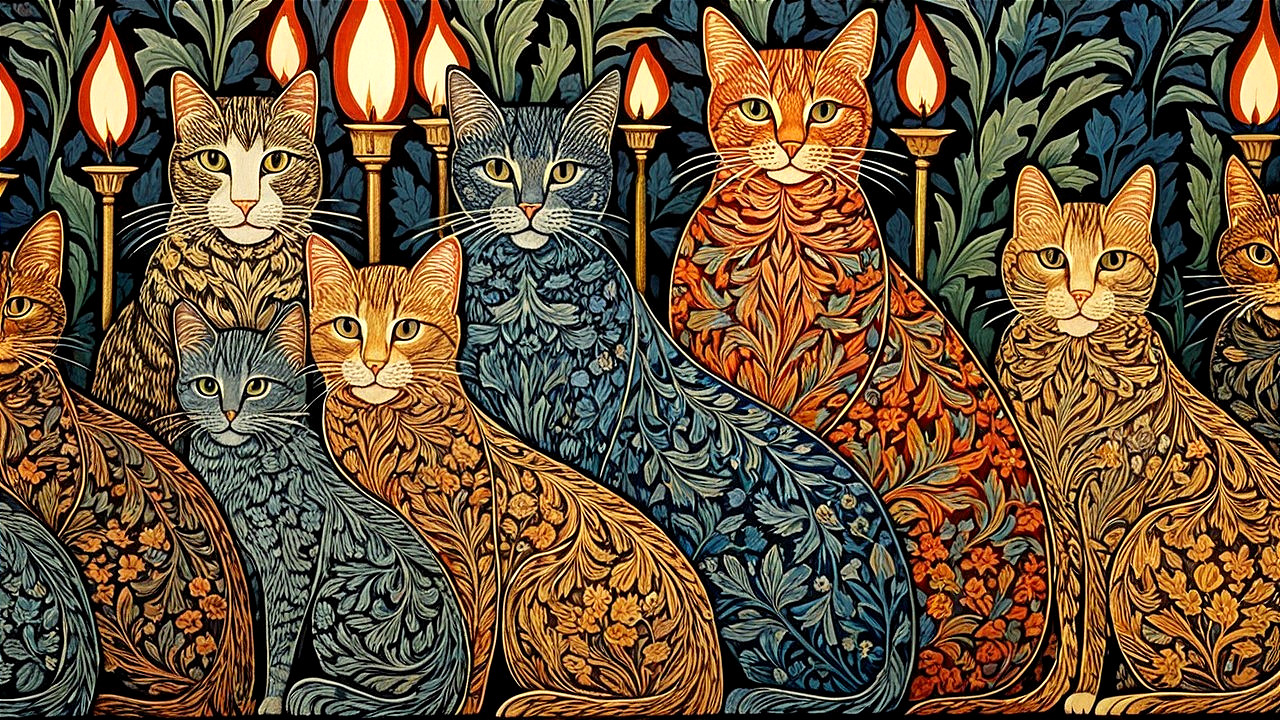Whimsical Artwork of Seven Floral-Patterned Cats