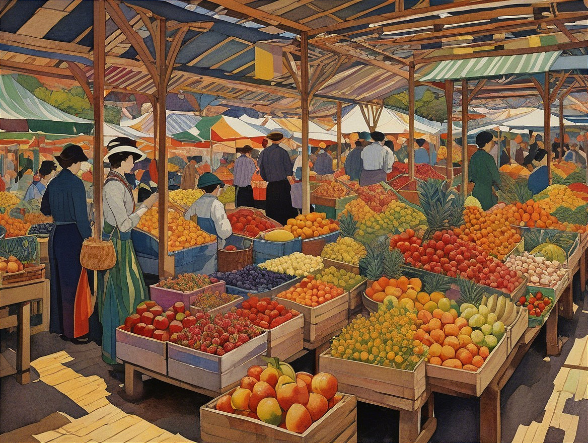 Vibrant Market Scene with Colorful Fruit Displays