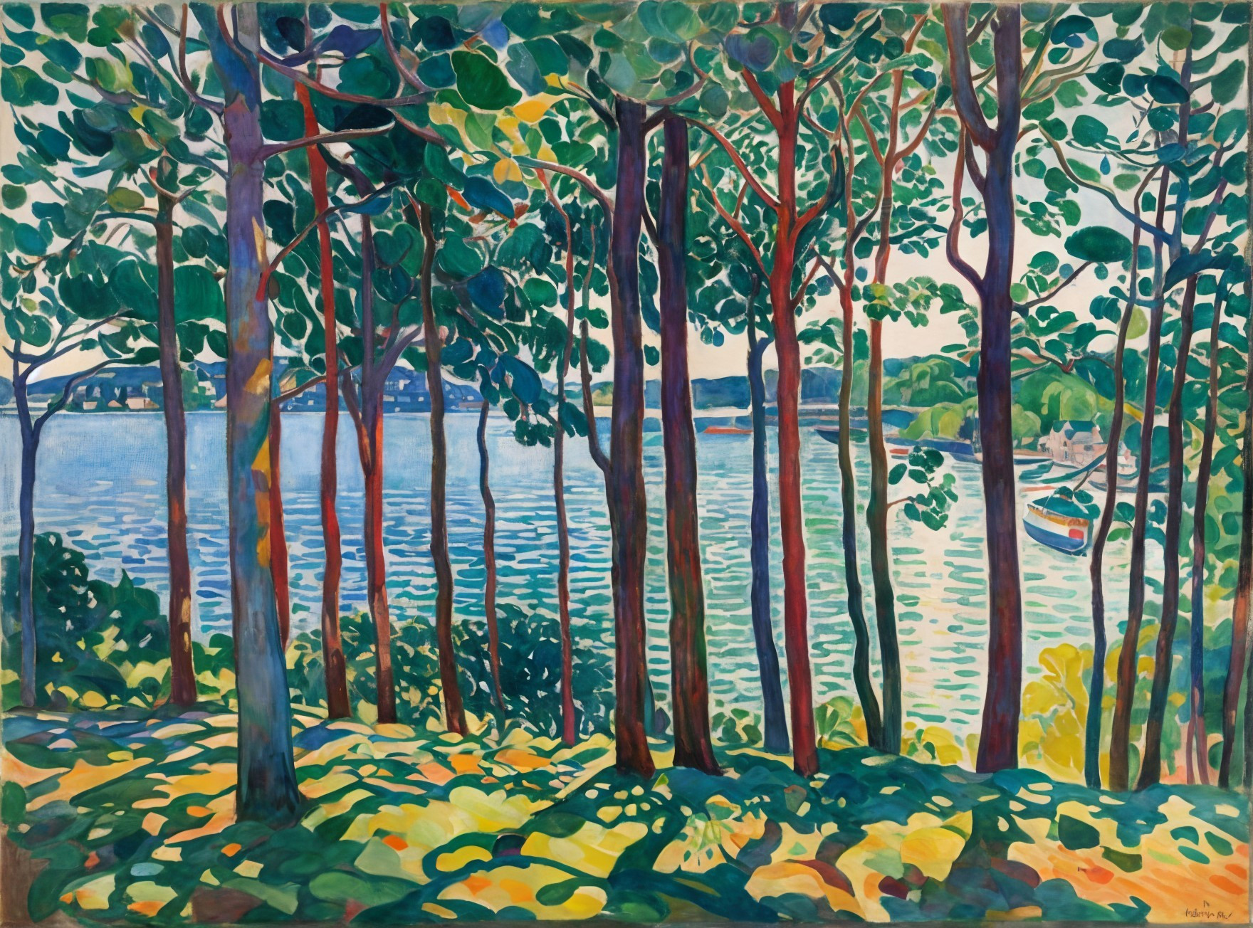 Vibrant Landscape with Colorful Trees and Waterfront