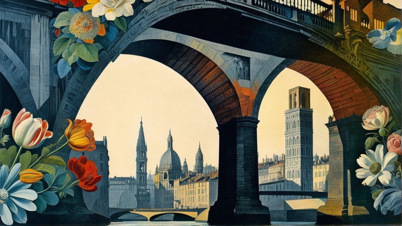 Vibrant Cityscape with Ornate Arches and Flowers