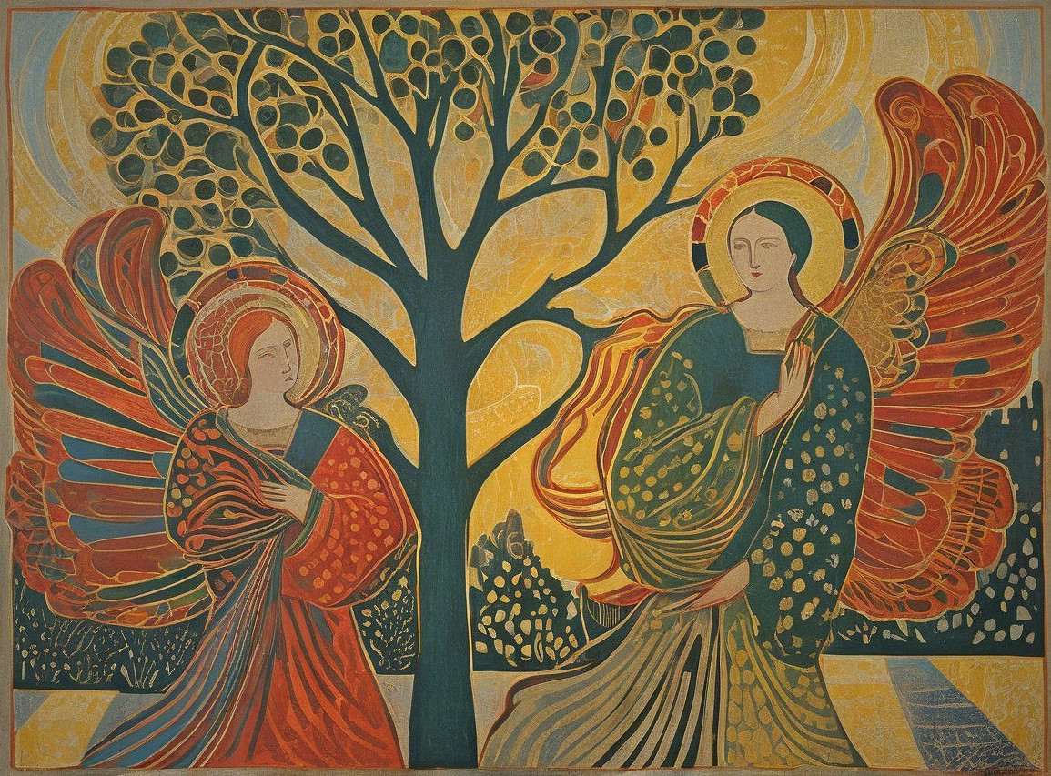 Angels with Intricate Wings and Vibrant Background