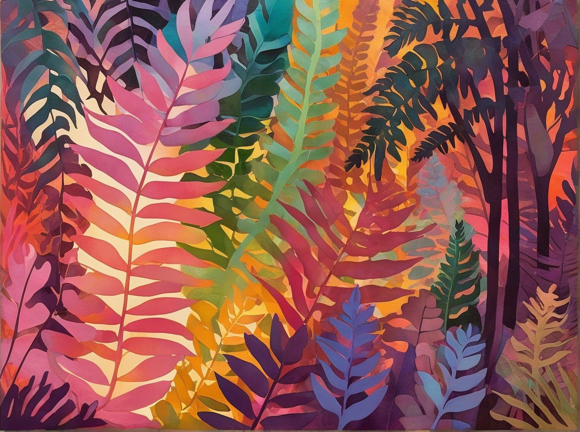 Vibrant Abstract Ferns and Leaves in Colorful Display