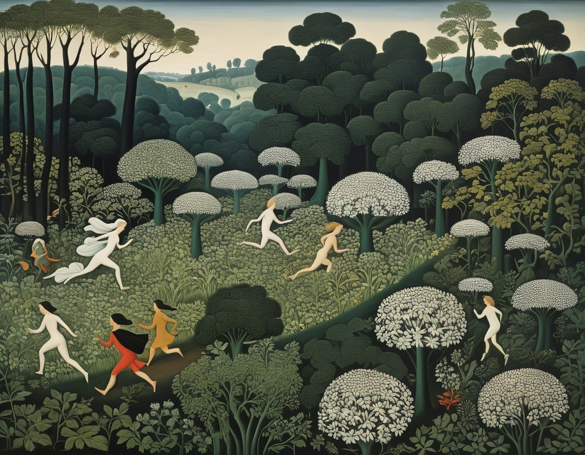 Surreal Forest Scene with Figures Among Lush Greenery