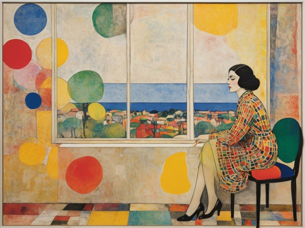 Woman by Window Overlooking Coastal Landscape