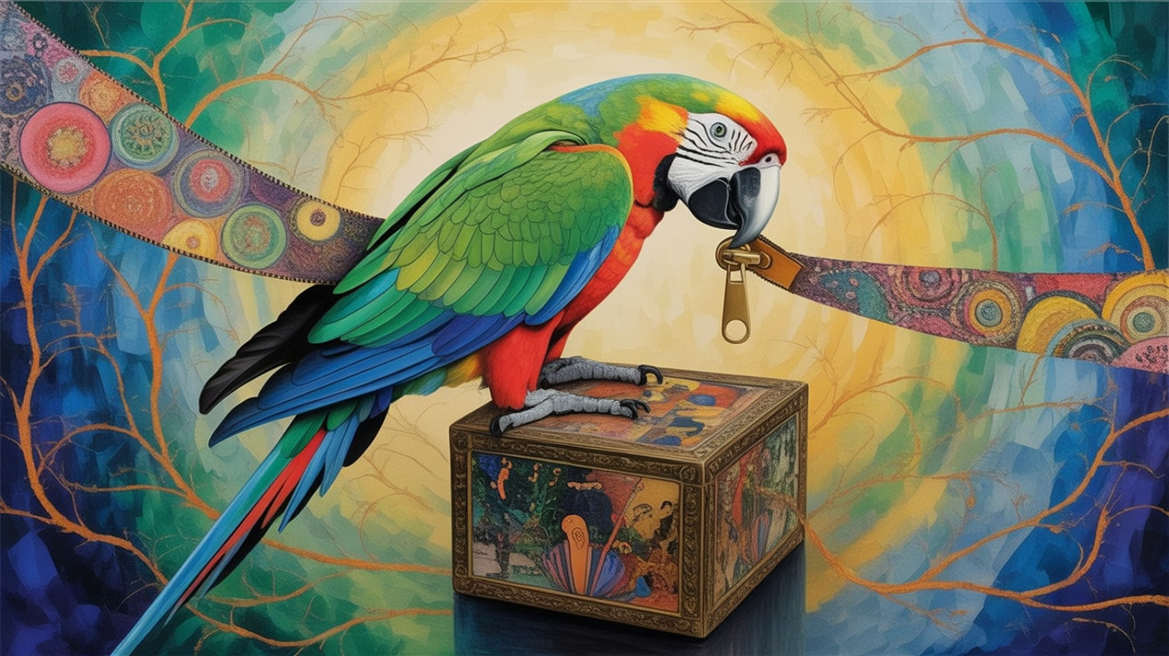 Vibrant Macaw on Ornate Box with Colorful Background