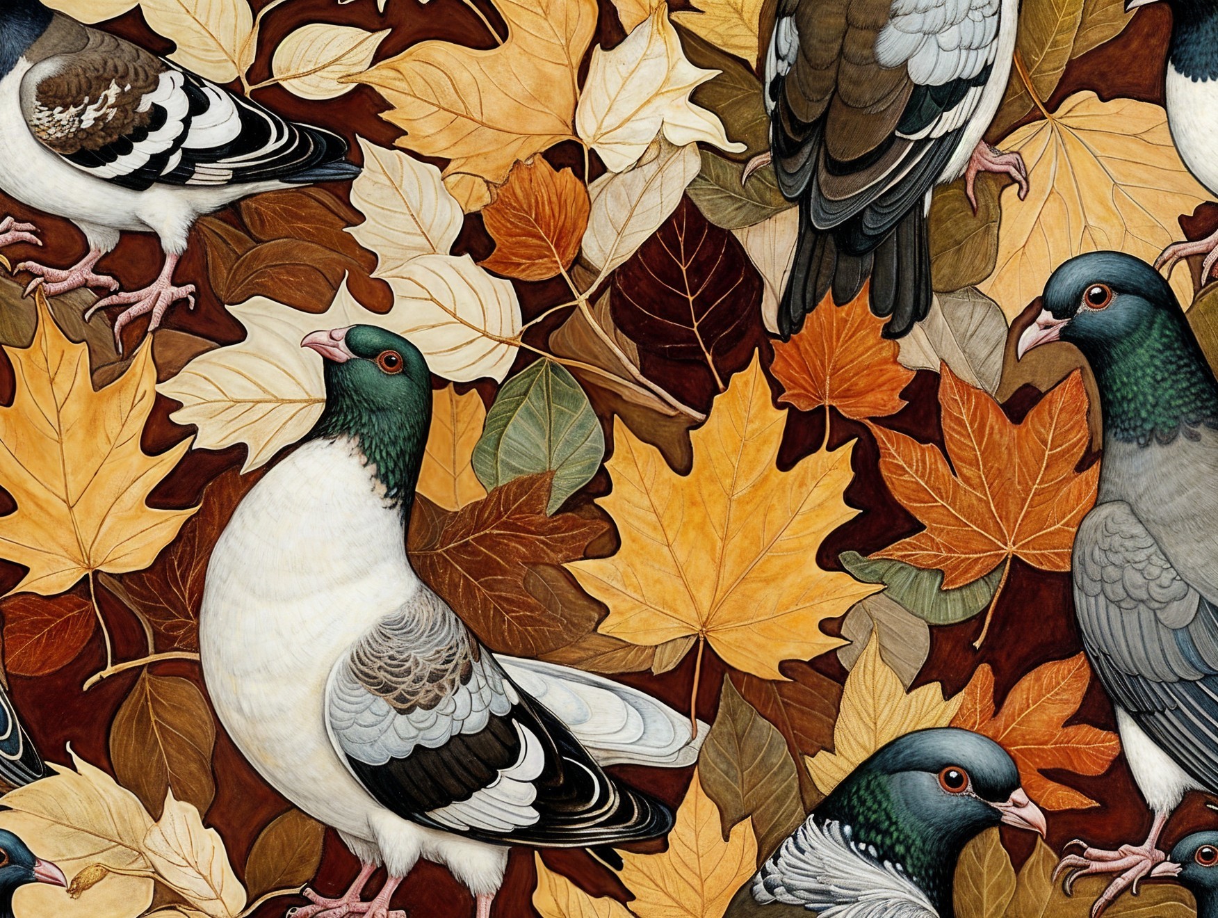 Pigeons Among Vibrant Autumn Leaves in Nature Scene