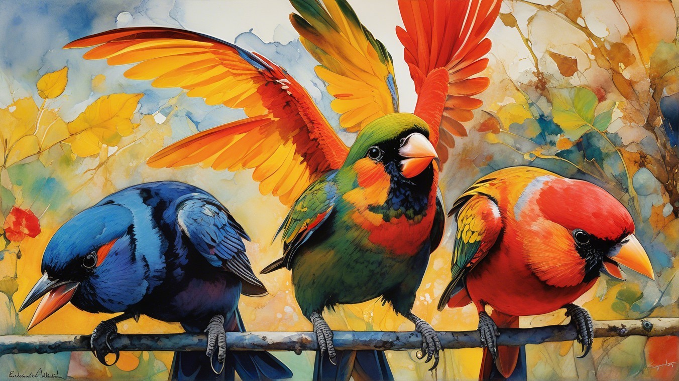Vibrant Birds on a Branch with Autumn Leaves Background
