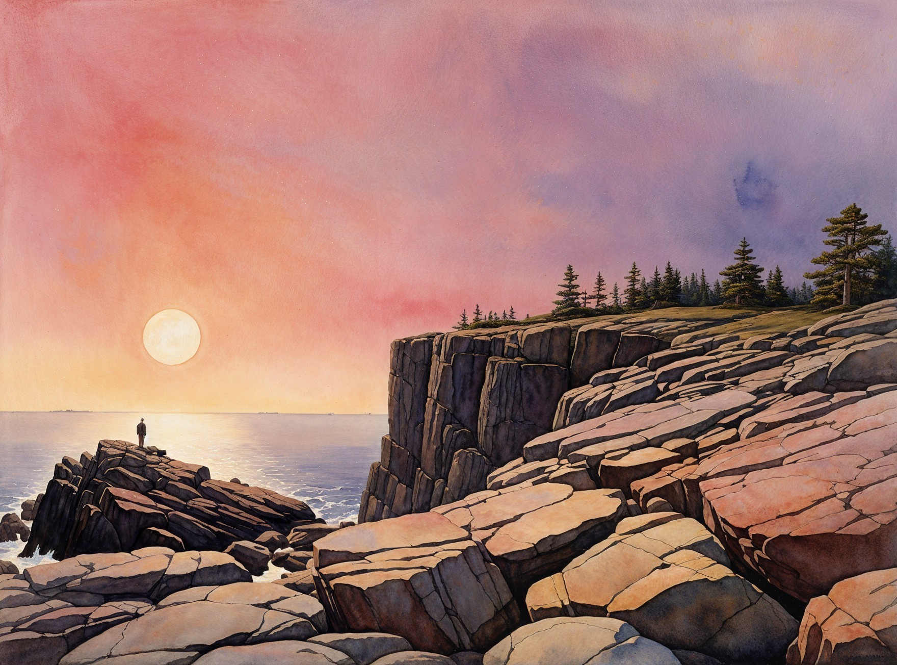 Coastal Sunset with Solitary Figure on Rugged Rocks