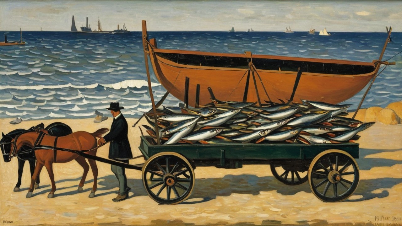 Horse-Drawn Cart with Fish on Coastal Beach Scene