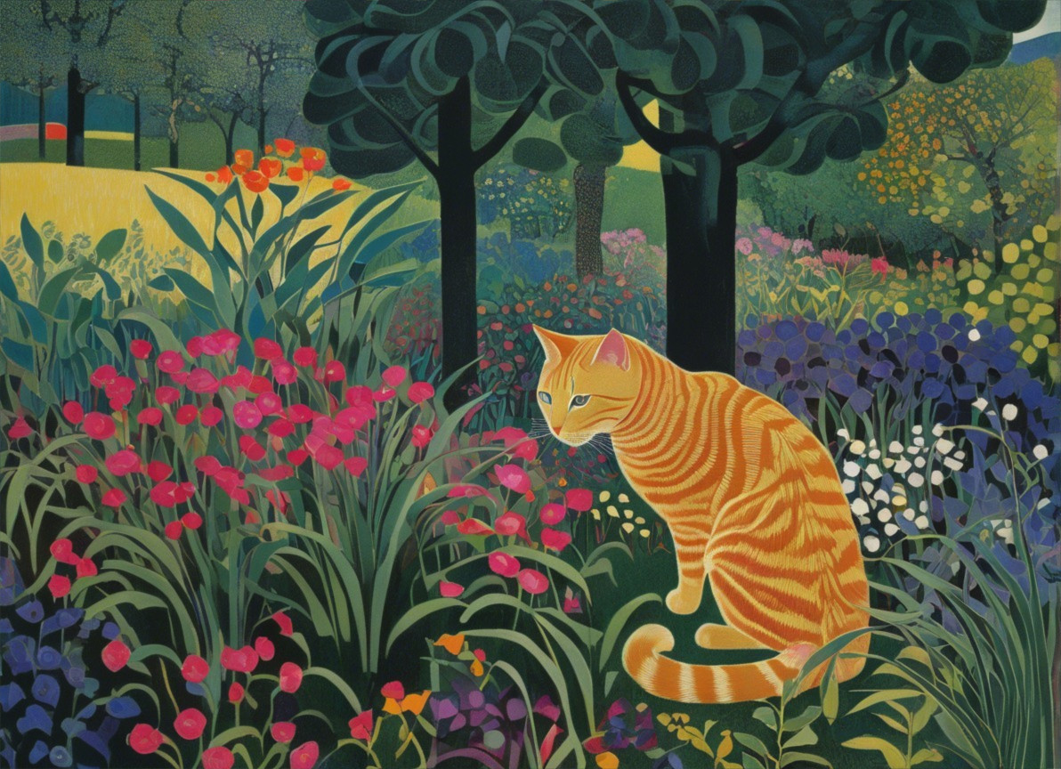 Vibrant Garden Scene with Blooming Flowers and Cat